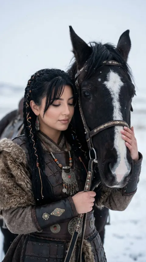 Turkic Woman Horse Bond Snow
