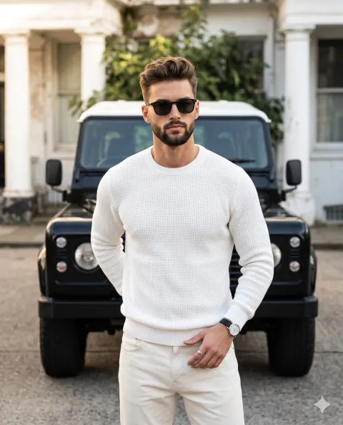 Stylish Male Model with Vintage Land Rover