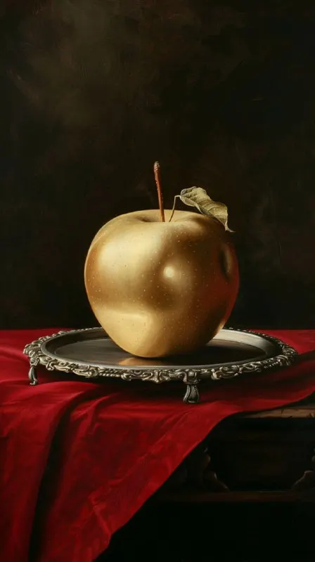 Golden Apple on Engraved Silver Platter