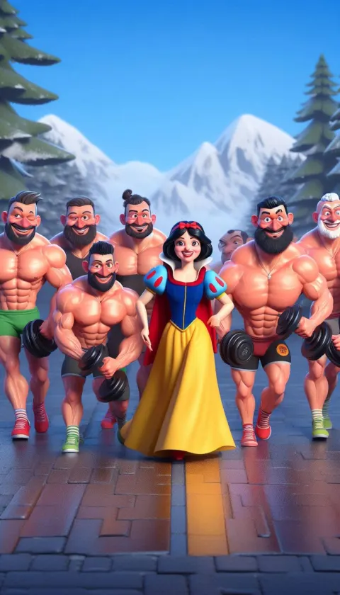 3D Cartoon: Snow White and Bodybuilders