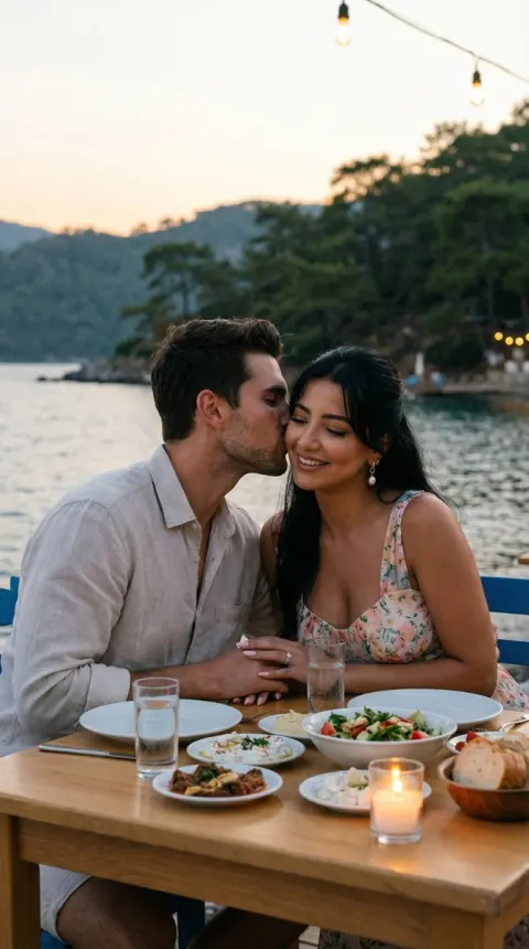 Seaside Dinner Cheek Kiss Moment