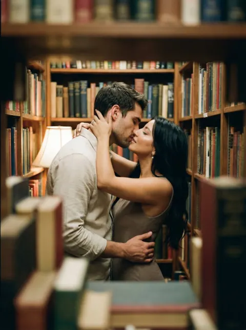 Intimate Kiss in Bookstore