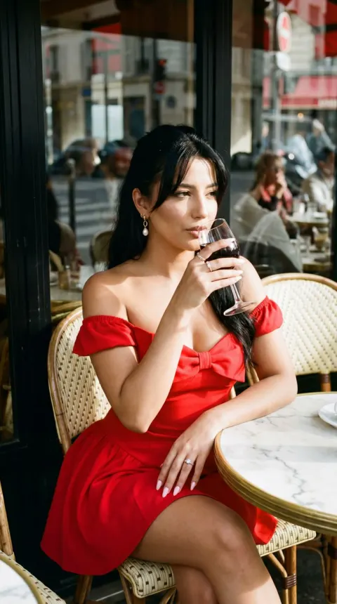 Paris Cafe Red Dress Portrait