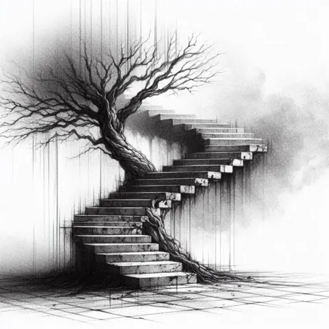 Surrealist Sketch of Tree and Staircase