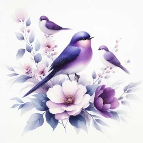 Watercolor Purple Birds Among Flowers
