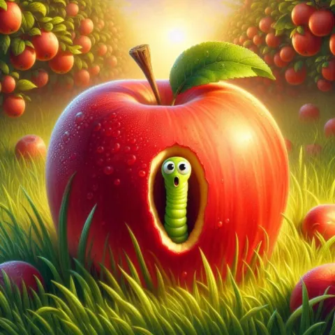 Whimsical Red Apple with Surprised Worm