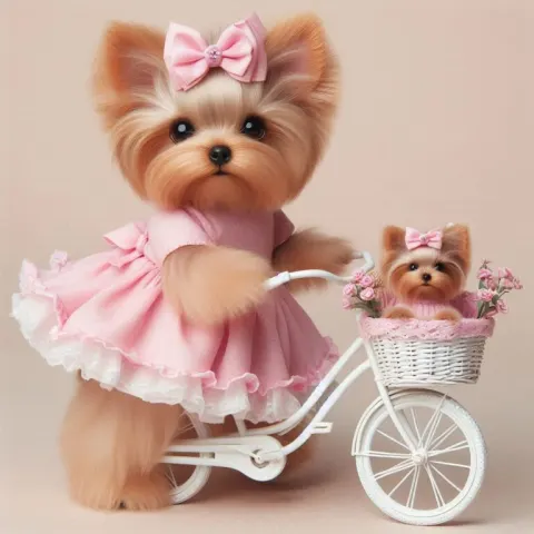 Yorkie on Bike with Tiny Companion