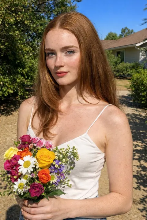Natural Midday Garden Portrait Holding Flowers