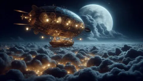 Steampunk Dirigible with Dragon at Night