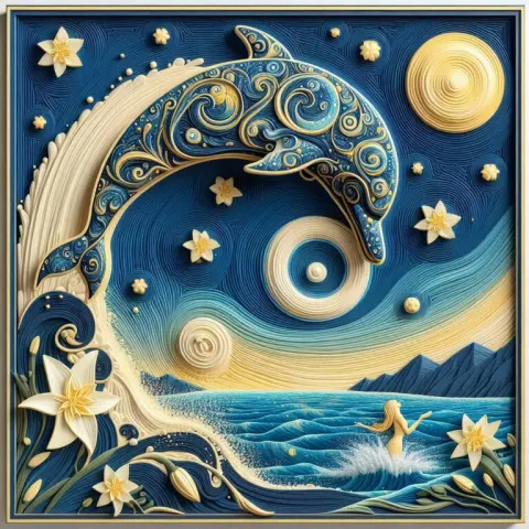 Seascape with Stylized Dolphin and Mermaid
