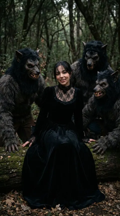 Vampire Girl With Werewolves In Forest