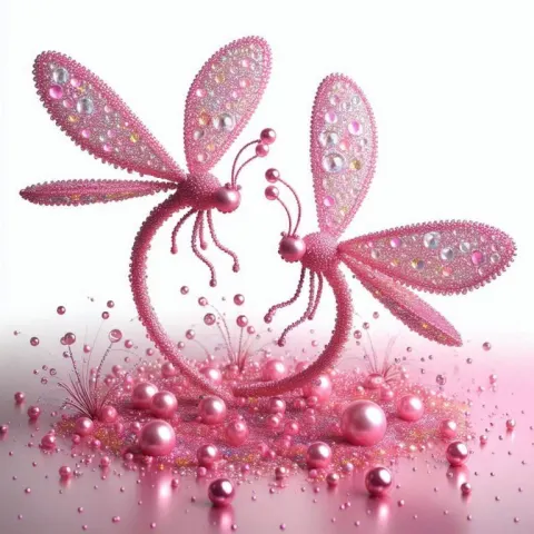 Pink Dragonflies with Pearls on Pond