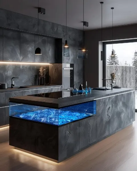 Modern Kitchen with Glowing Glass Island