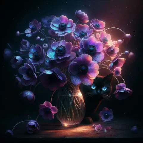 Fantasy Vase with Purple Anemones and Cat