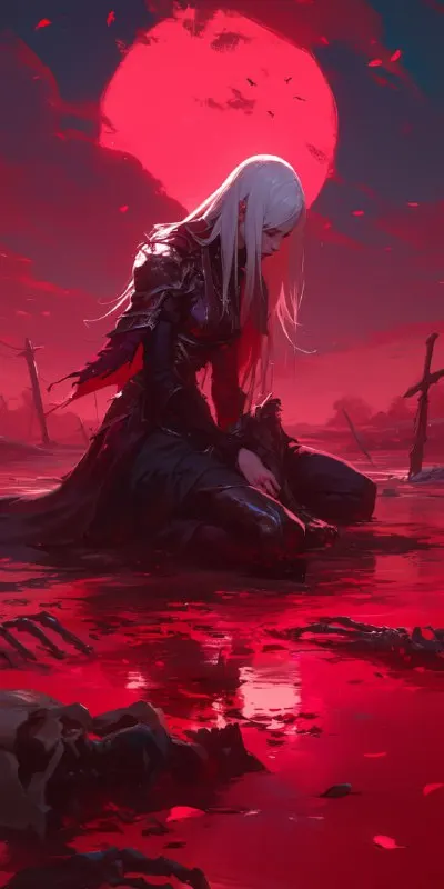 Royal Funeral Woman in Red Pond Full Moon