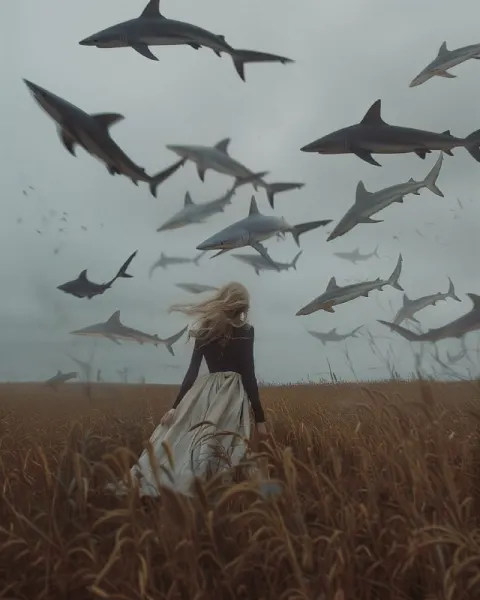 Woman in Field with Floating Sharks