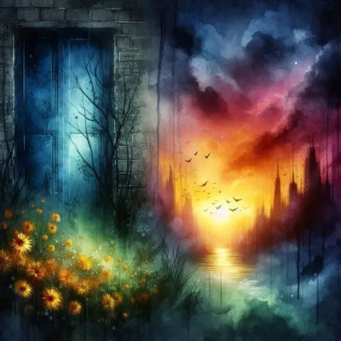 Concrete Wall Blue Door Watercolor Sunset