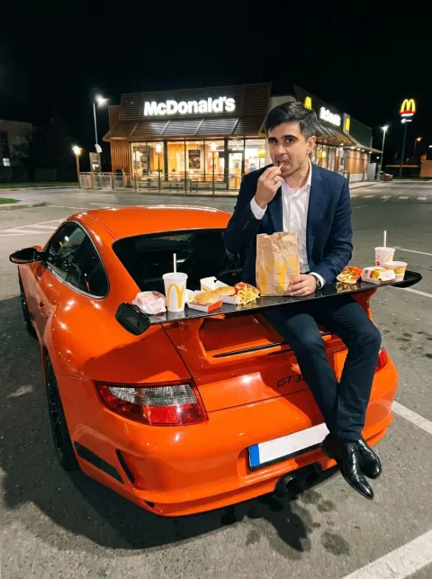 Suit in McDonald's, Porsche in Igloo