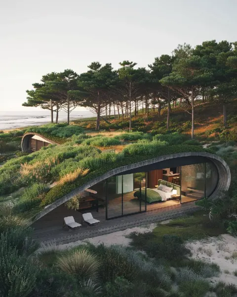 Biophilic Shell Cabin Camouflaged in Dunes
