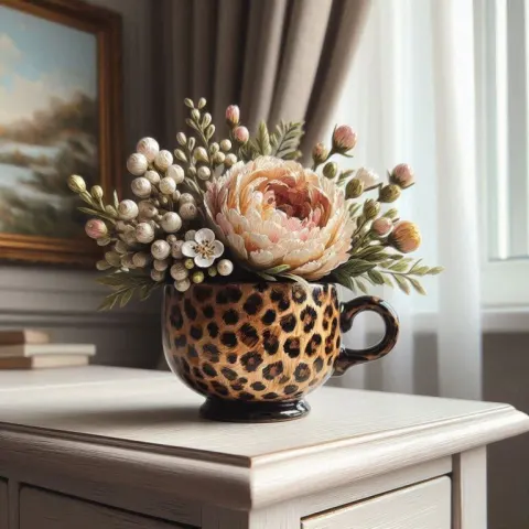 Leopard-Print Teacup with Floral Arrangement