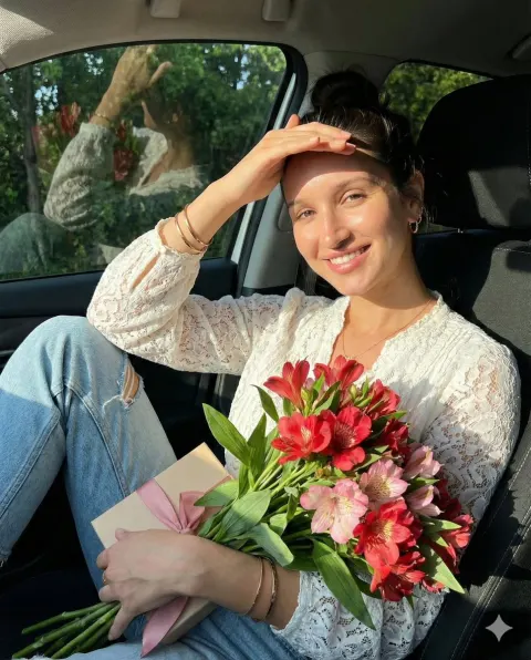 Sunlit Car Portrait with Flowers