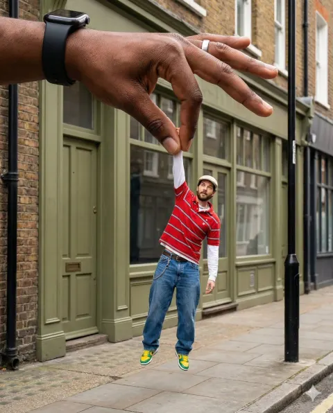 Giant Hand Pinches Tiny Man in Surreal Street