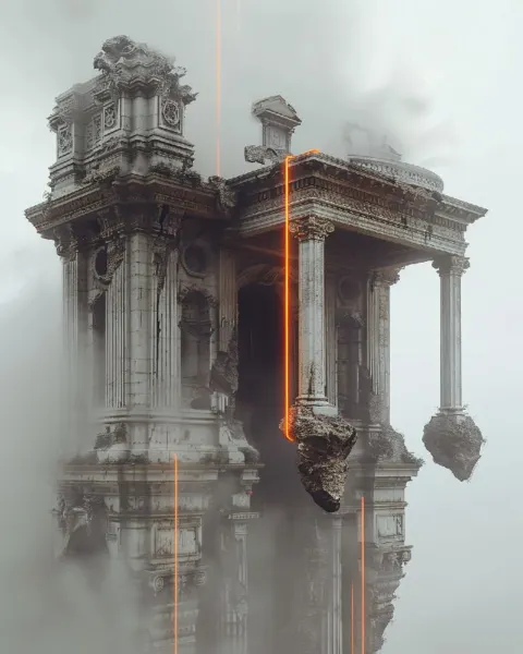 Floating French Architecture with Orange Lasers