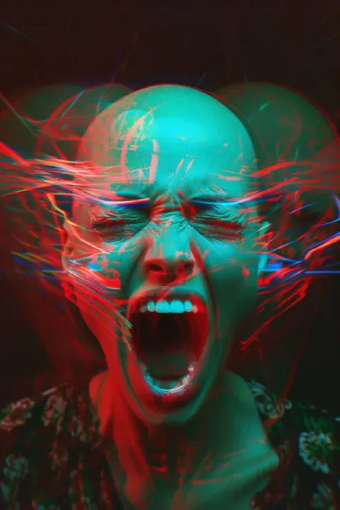 Iridescent Holographic Bald Woman Screaming