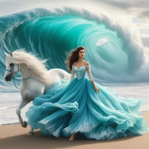 Woman in Turquoise Gown – Beach & Wave