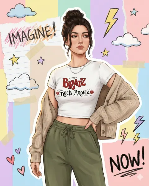 Scrapbook Style Semi-Realistic Girl Illustration