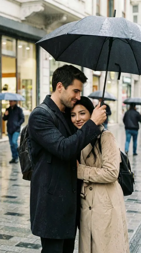 Lovers Sharing Umbrella in Rain