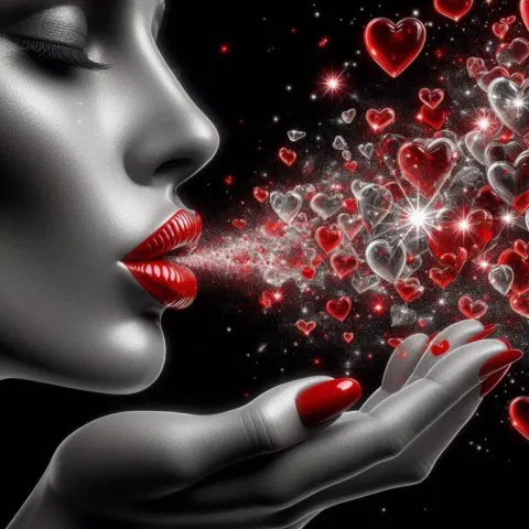 Woman Blowing Red Hearts – B/W Detail