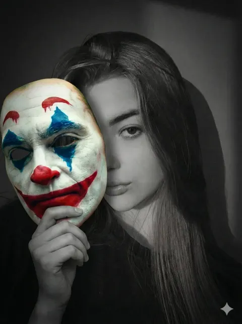 Grayscale Duality With Vibrant Clown Mask