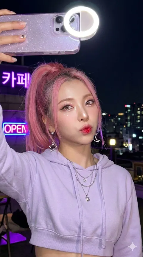 K-pop Pink Ponytail Rooftop Selfie