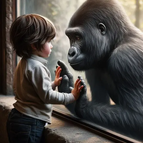 Boy and Gorilla – Touching Hands at Zoo
