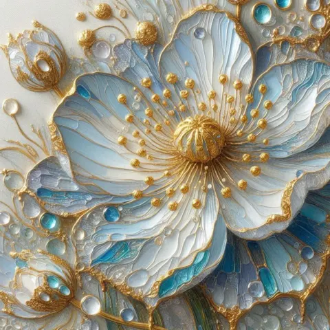 Impasto Blue Flower with Golden Accents