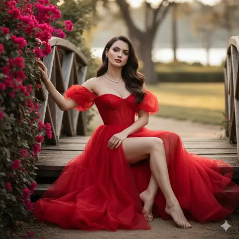 Elegant Red Gown Cinematic Portrait