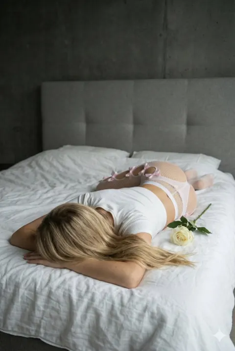 Blonde Girl Holding Rose In Bedroom