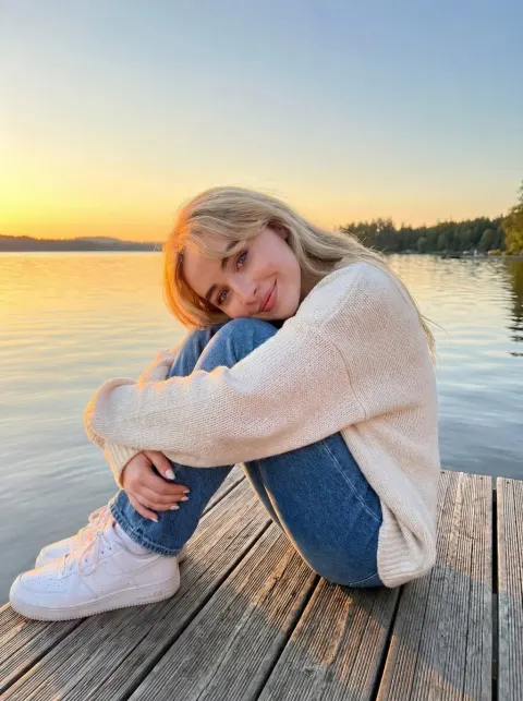 Serene Sunset Portrait By Lake
