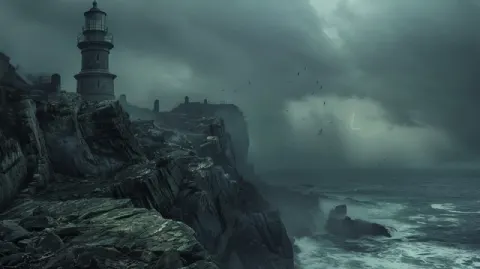 Creepy Lighthouse on Cliff – Stormy Sea
