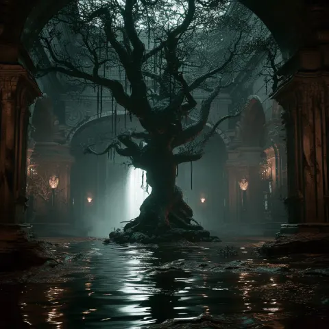 Ancient Tree in Shamanic Temple – Dark Horror Environment