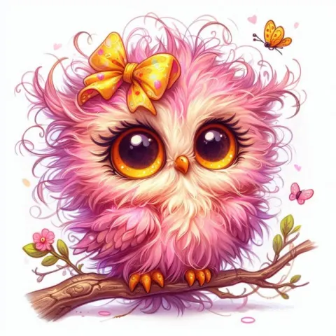 Cute Pink Owl with Messy Hair and Bow