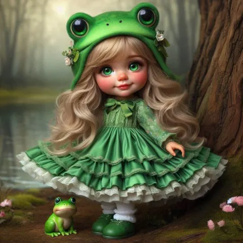 Adorable Toddler in Frog Hat by Forest Tree