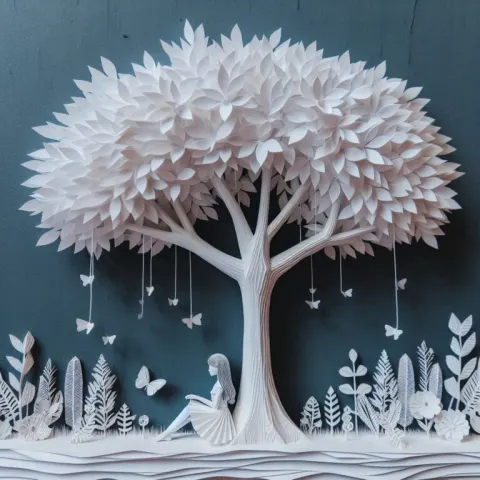 4D Paper Art: Woman Sitting Under Tree Sculpture