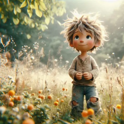 Claymation Blond Boy in Tattered Jeans Painterly Fantasy