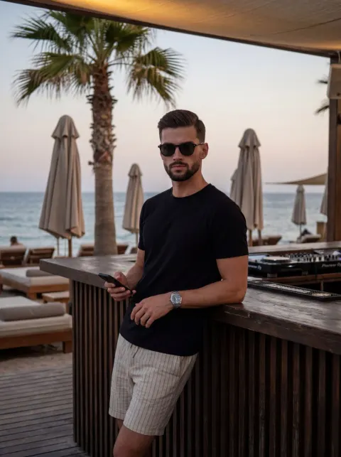 Stylish Man at Beach Club Dusk