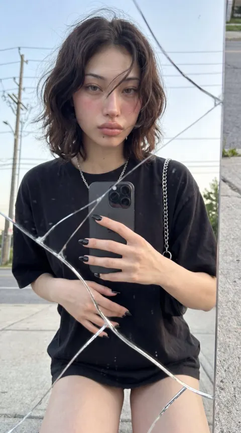 Candid Street Selfie Through Cracked Mirror