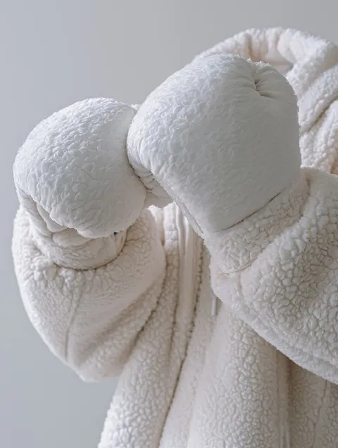 Person hands white super plush boxing gloves