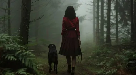 Woman with her dog walking through the forest