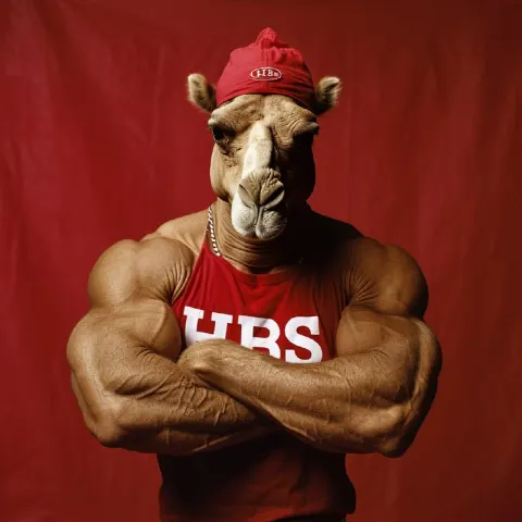 Camel-Headed Muscular Man With Gold Chain on Red Background